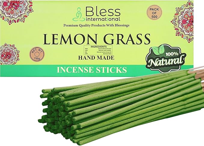 Bless-Lemon-Grass 100%-Natural-Handmade-Hand-Dipped Organic-Chemicals-Charcoal-Free Purification-Relaxation-Positivity-Yoga-Meditation Best-Woods-Scent (500 Sticks (26 OZ))