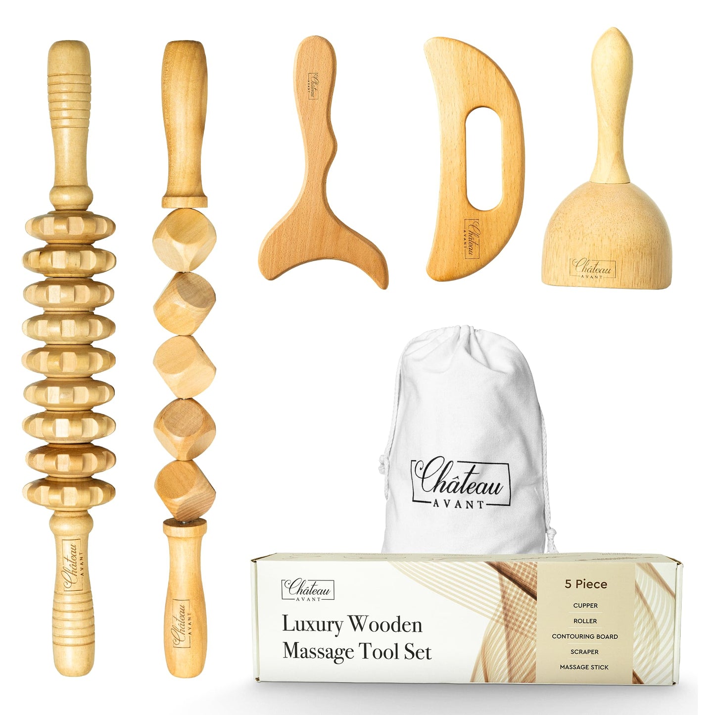 Château Avant Luxury Wooden Massage Tool Set, 5-Piece Lymphatic Drainage & Sculpting Kit – Cupper, Roller, Contouring Board, Scraper & Rope Roller