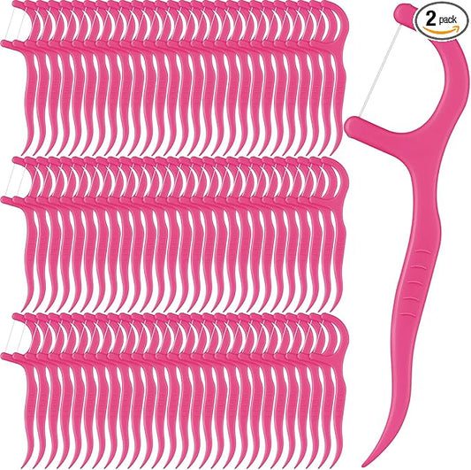 Baderke 200 Count Floss Picks Bulk Non Breakable Tooth Picks Flosser Dental Floss Sticks for Adults Teeth Cleaning Dental Flossers for Family Pack Travel(Hot Pink)