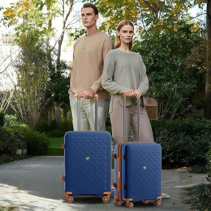 Kono 20 Inch Expandable Hard-Shell Suitcase, Ideal For Short Trips, Durable PP Material, With Hidden Cup Holder & TSA Lock, Navy/Brown