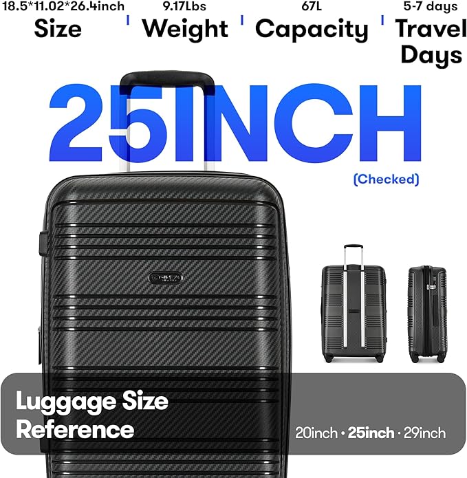 25 Inch Medium Checked Luggage Lightweight Suitcase with Spinner Wheels TSA Lock, Black