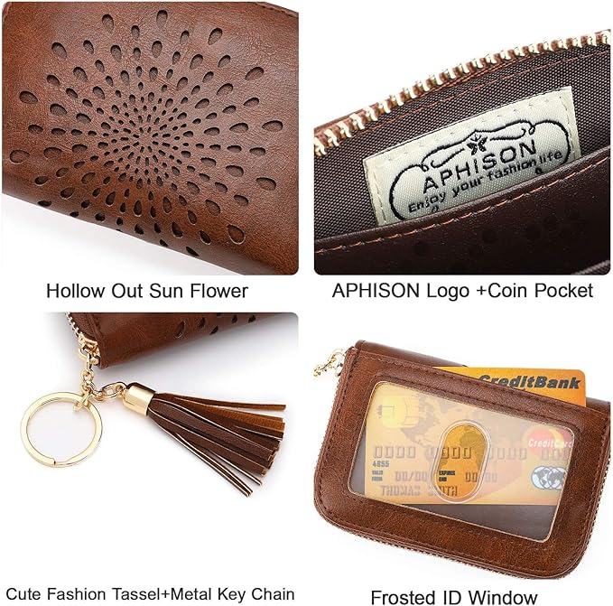 APHISON RFID Credit Card Holder Zipper Card Case Keychain Small Wallet for Women 1927 COFFEE