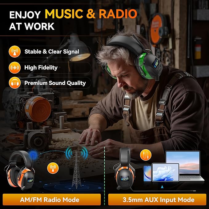 2025 AM/FM Radio Ear Protection Headphones with Backlit Digital Display, 120H Working Time, Rechargeable Hearing Protector, 30dB Noise Reduction Safety Earmuffs for Mowing, Construction, Work, Orange