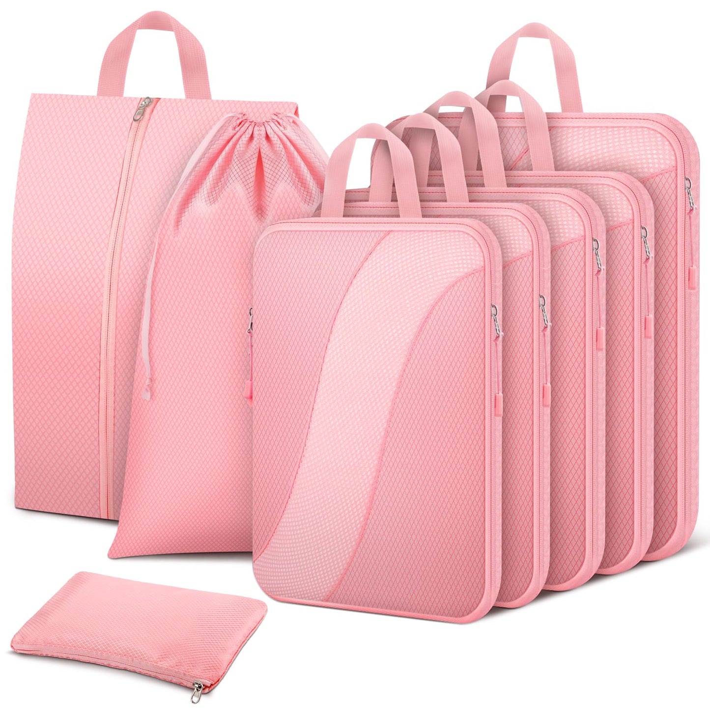 8 Set Compression Packing Cubes Travel, Expandable Travel Cubes for Carry on Luggage, Suitcase Organizer Compression Bags for Travel Essentials, Pink