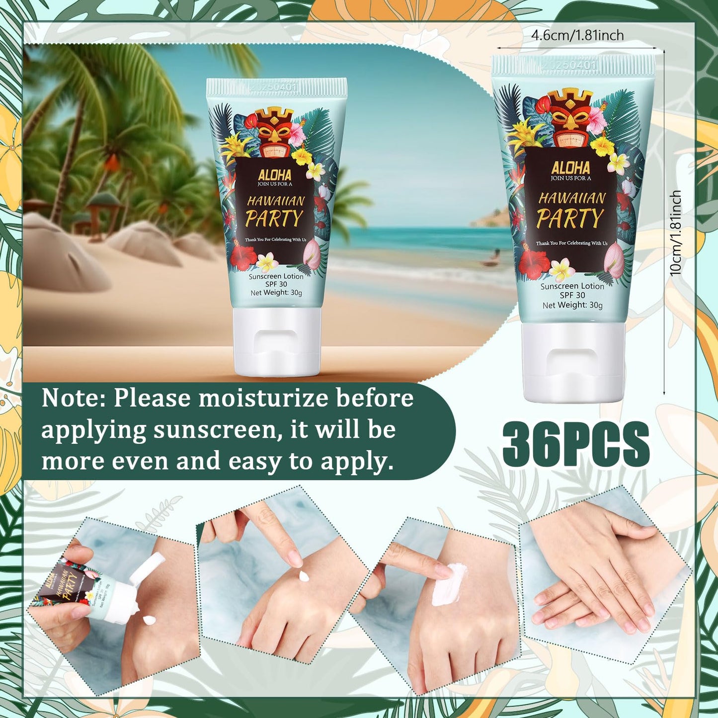 Dansib 36 Pcs Mini Sunscreen Bulk for Hawaiian Party Spf 30 Water Resistant Sunscreen Lotion Bulk 1oz Travel Size for Summer Party Supplies