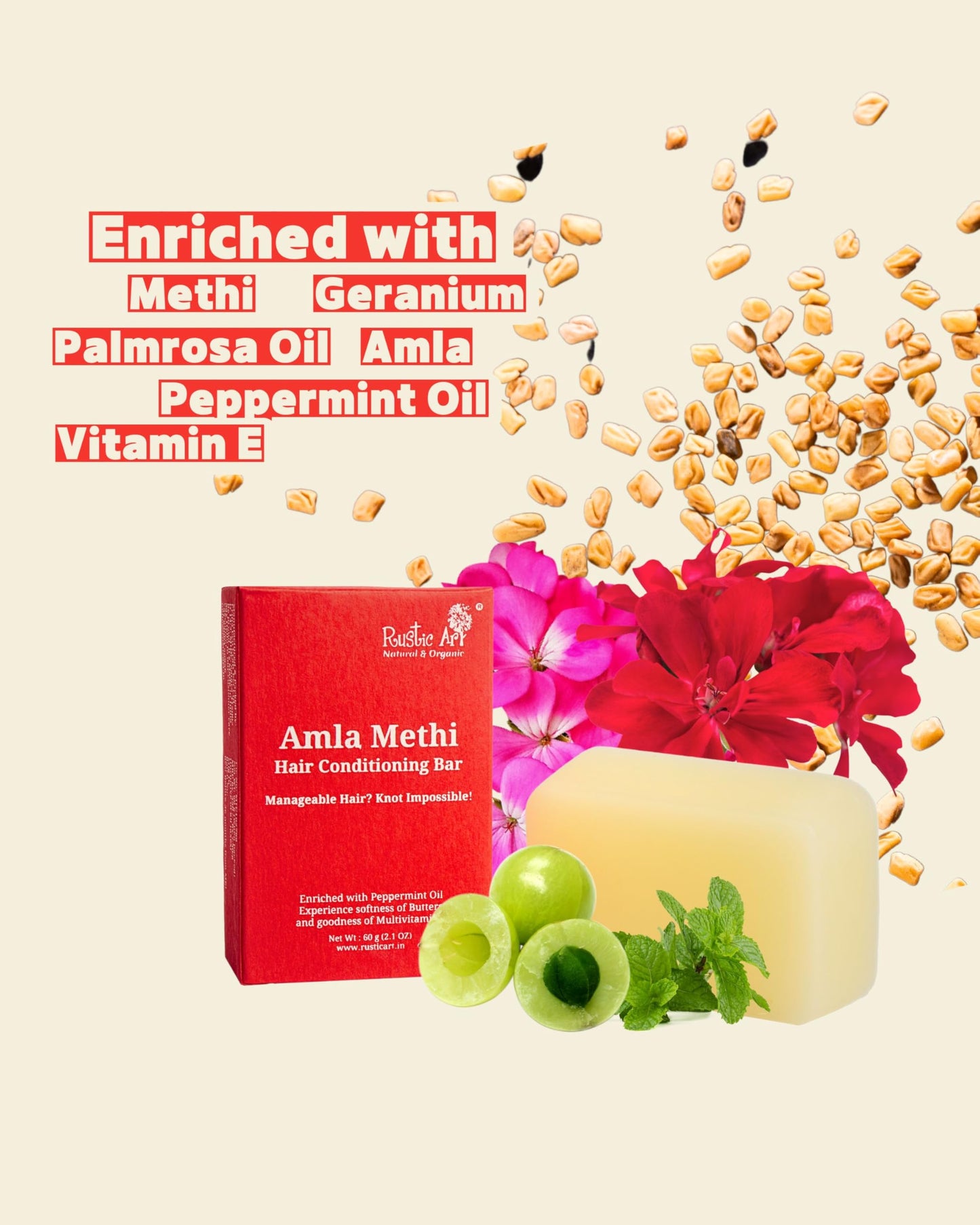 Rustic Art Amla Methi Hair Conditioning Bar | All Hair Types | Soft, Glossy & Tangle Free | Sulphate & Sillicone Free | Women & Men