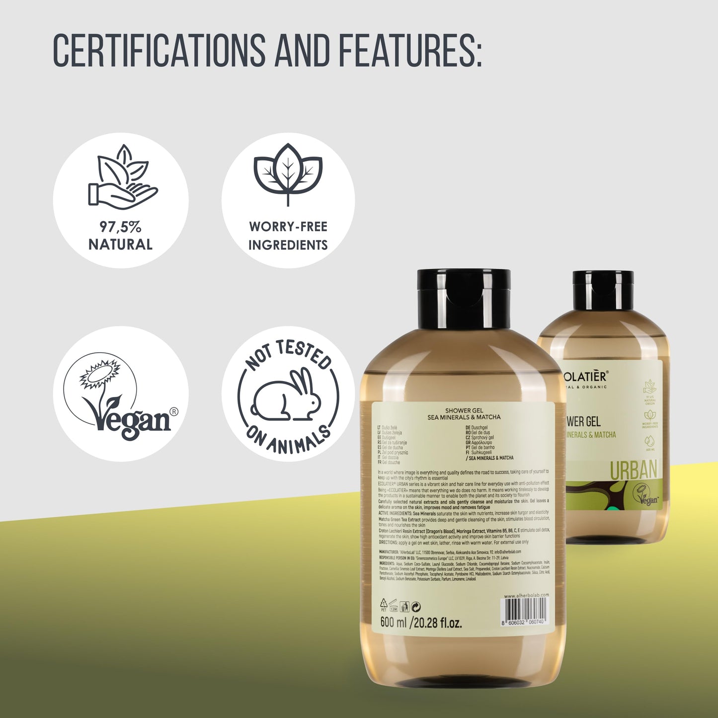 Sea Minerals & Matcha Body Wash - Natural Body Wash for Women & Men, 97.5% Natural Ingredients, Detoxifying & Hydrating Cleanser for Sensitive Skin, Gentle & Nourishing Care, 20.3 Fl Oz