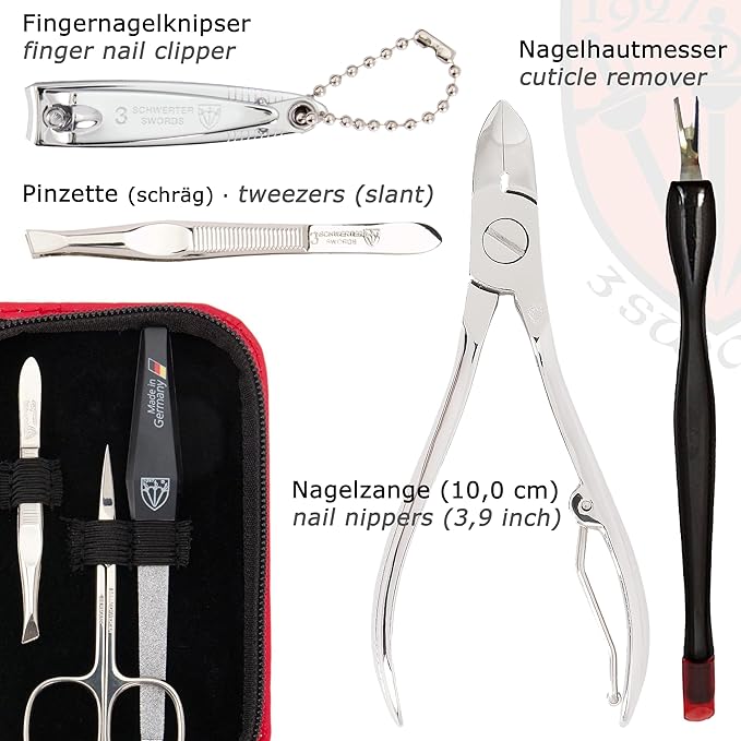 3 Swords Germany - brand quality 6 piece manicure pedicure grooming kit set for professional finger & toe nail care scissors clipper fashion leather case in gift box, Made in Solingen Germany (03706)