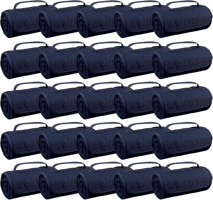 25 Ct of Roll-Up Blankets for Camping, Travel, Outdoors, Beach, Picnics – Dark Blue – Hook + Loop Closure for Easy Use in Cars & on Airplanes – Customizable for Promotions & Events