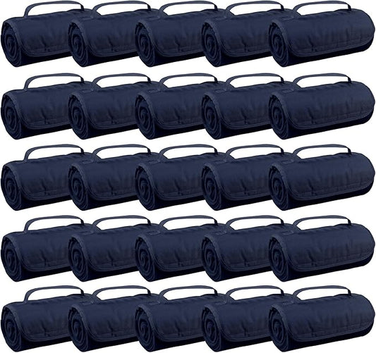 25 Ct of Roll-Up Blankets for Camping, Travel, Outdoors, Beach, Picnics – Dark Blue – Hook + Loop Closure for Easy Use in Cars & on Airplanes – Customizable for Promotions & Events