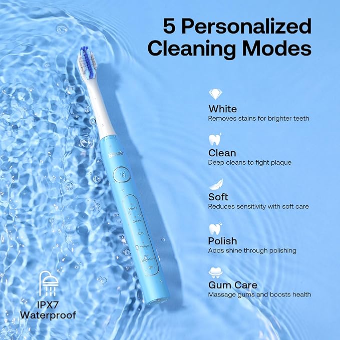 Bitvae ADA Accepted Electric Toothbrush, Travel Toothbrush Rechargeable for Adults and Kids, 60-Day Battery, 5 Modes, 8 Heads, Portable Travel Case & Holder, Sky Blue