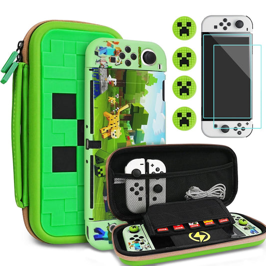 TIKOdirect Carrying Case for Switch OLED - Portable Travel Accessories With Soft Protective Case, Screen Protectors and 4 Thumb Grip Caps, Green