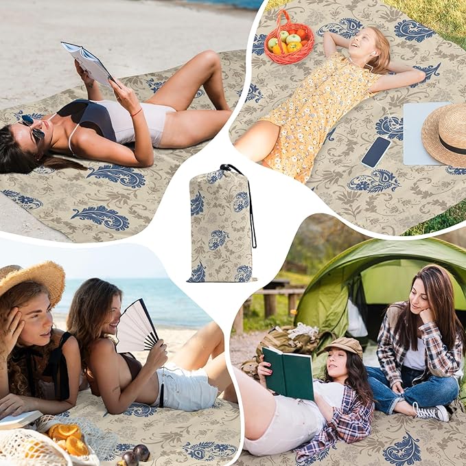Beach Blanket Waterproof Sandproof, Bohemian Oversized Extra Large Picnic Mat 83"×95"/8 × 7 FT for 1-7 Adults for Travel Camping Hiking, Quick Drying Lightweight Beach Vacation Essentials
