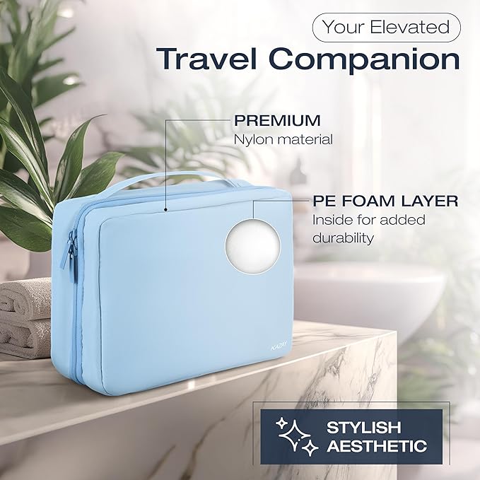KAZAY Hanging Toiletry Bag with TSA Approved Detachable Pouch, Travel Toiletry Bag, Water Resistant, Premium Nylon, Travel Size Toiletries, Cosmetic Bag, Unisex (Light Blue)