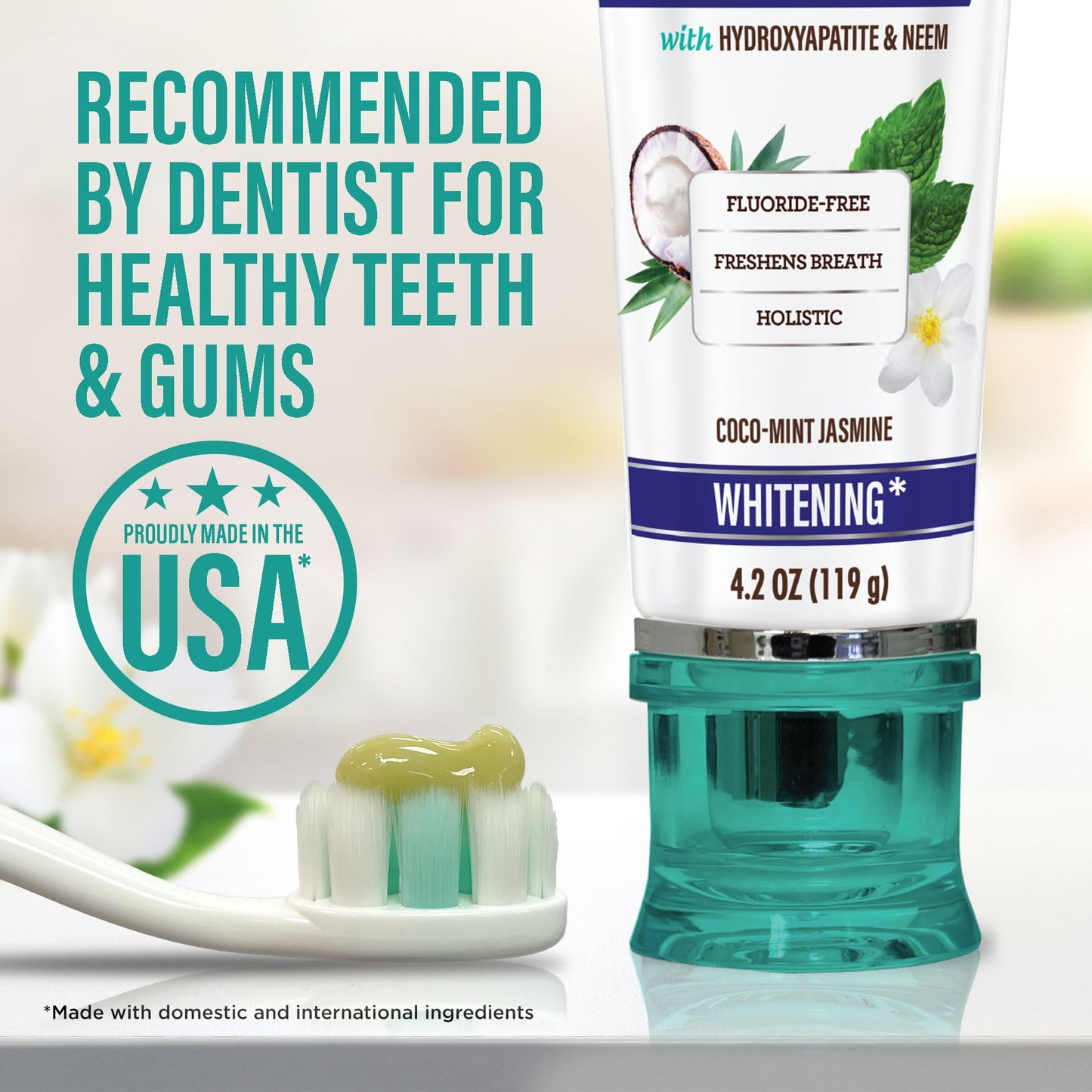 GuruNanda Hydroxyapatite Toothpaste, SLS & Fluoride Free, Whitening Toothpaste - Freshens Breath, Fights Plaque - Natural CocoMint Jasmine Neem, 4.2oz