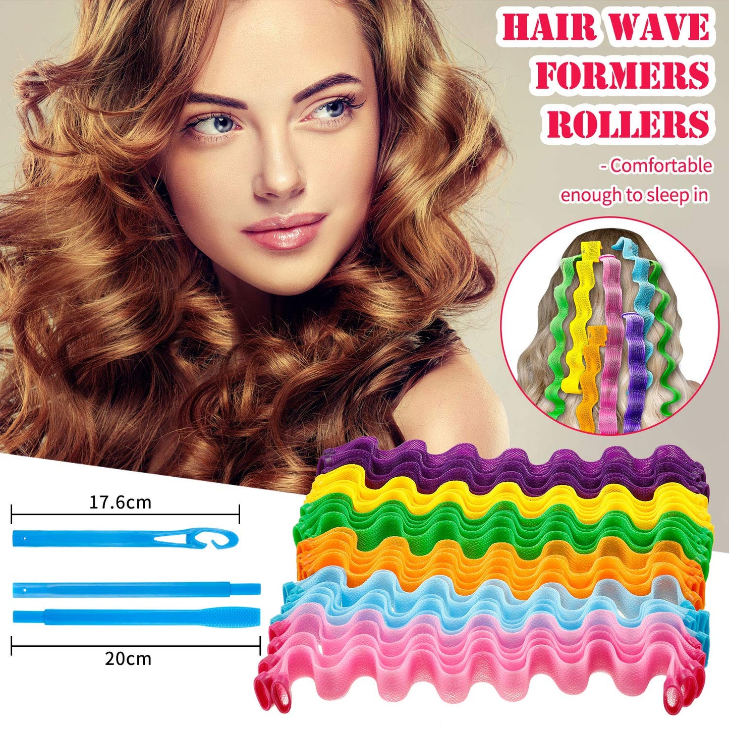 30 Pieces Heatless Waves Curlers Spiral Curls Styling Kit No Heat Hair Waver Spiral Curlers Rollers with 2 Pieces Styling Hooks for Most Hairstyles (65 cm)