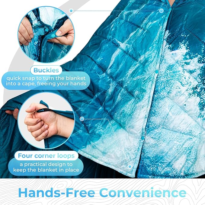 KingCamp Ultralight Camping Blanket, Packable Down Alternative Puffy Printed Wearable Blanket with Snap Buttons & Corner Loops Weatherproof Quilt for Outdoor Travel Stadium (79"L x 57"W SEAWAVE)