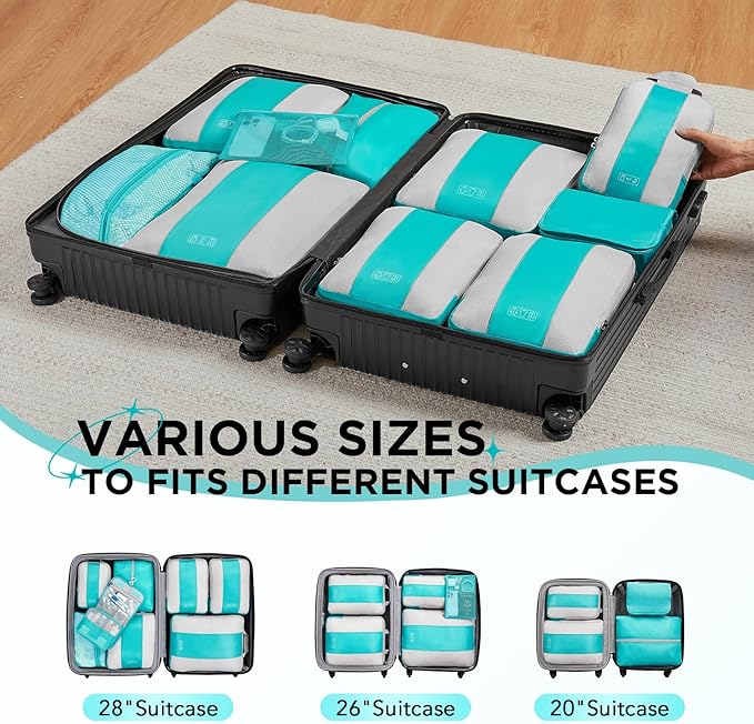 10 Set Compression Packing Cubes for Travel Essentials,Compressible Expandable Packing Cubes for Suitcase,OlarHike Luggage Organizer Bags for Travel,Handy Helper for Organizing Clothes(Blue Green)