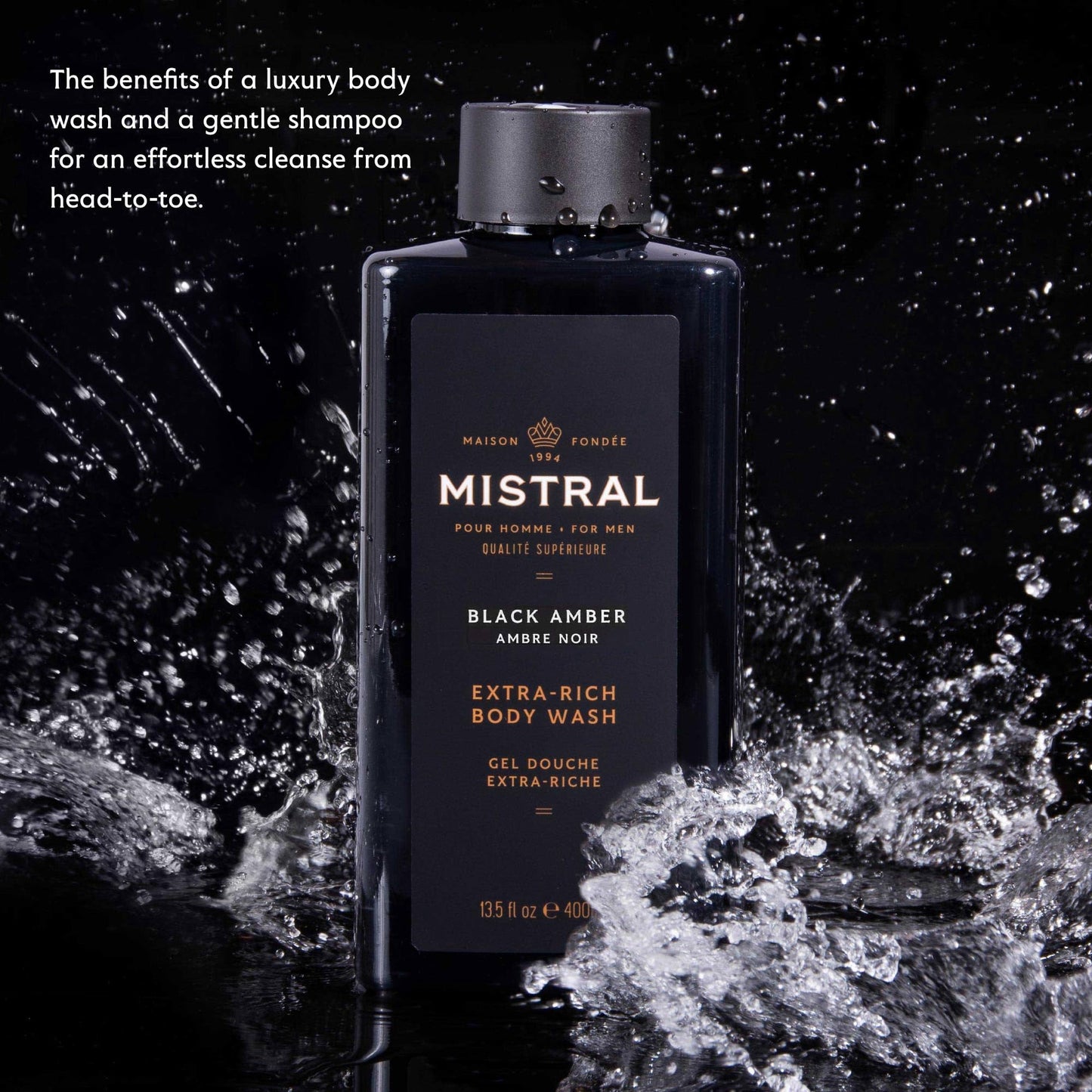 Mistral Men's Body Wash & Shampoo, Black Amber 13.5 oz | 2-in-1 Natural Shower Gel for Men | SLS, Paraben & Phthalate Free | Natural Men’s Body Wash, Moisturizing Bath Gel - Made in France