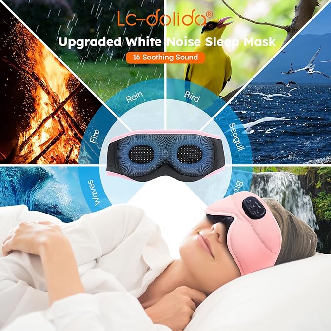 LC-dolida White Noise Sleep Mask, 3D Sleep Headphones with 16 Soothing Sounds, Bluetooth 5.4 Sleep Eye Mask with Timer, Total Blackout Sleeping Headphones for Side Sleeper(Pink)