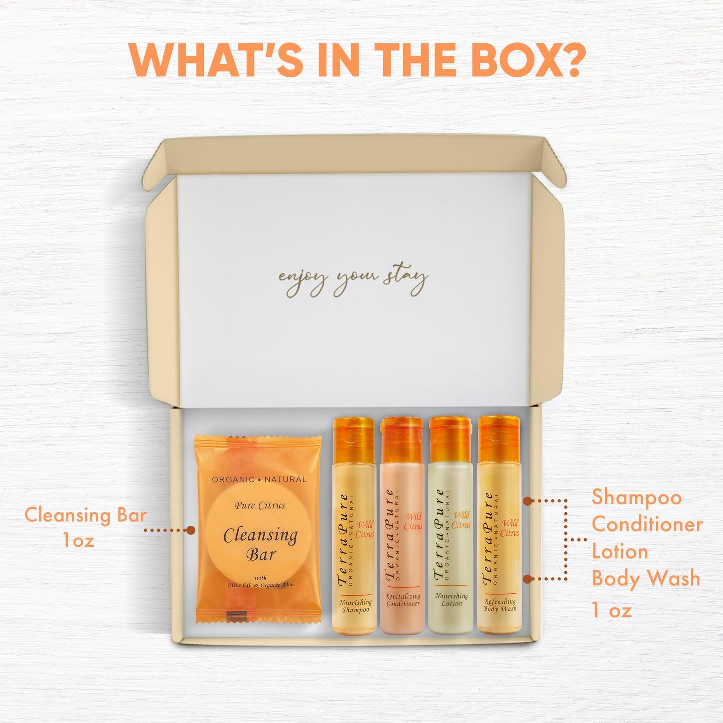 Terra Pure Amenity Kit | Boxed Hotel Toiletries Bulk Set | 1 oz Shampoo, Conditioner, Lotion, Body Wash & Cleansing Bar | 1 Set per Case