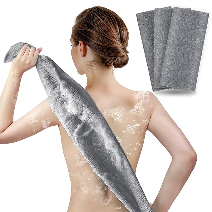 ARCH&M Exfoliating Washcloth Body Scrubber - 3 Pack Japanese Korean Spa Style Bath Towel for Dead Skin Removal, Extra Long 35” Back Scrubber with Premium Nylon Mesh for Smooth Glowing Skin (Gray x 3)