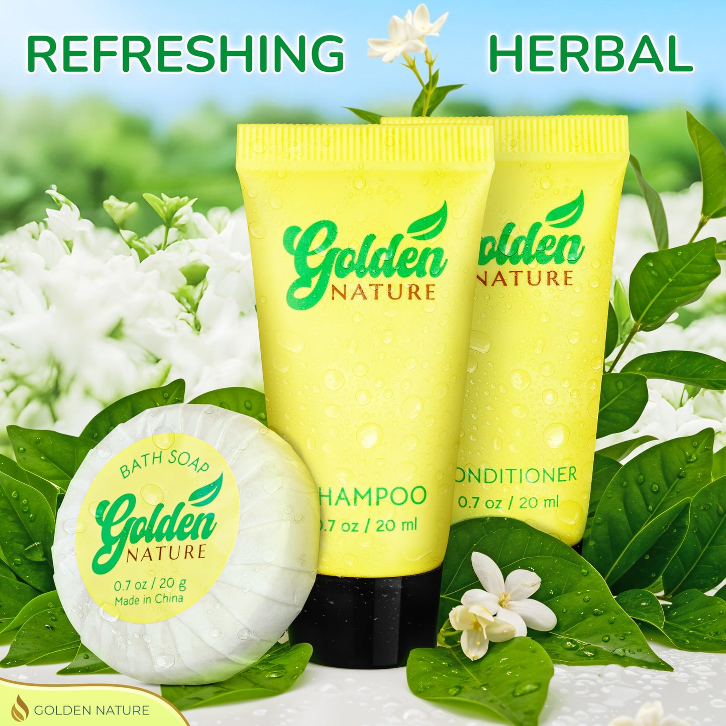 Golden Nature - Travel Size Soap, Shampoo & Conditioner Set - Jasmine, 0.7 oz each, 150 Pcs - 3-Piece Kit: 50 Round Bar Soap, 50 Shampoo & 50 Conditioner - Bulk Small Size Luxury Toiletries