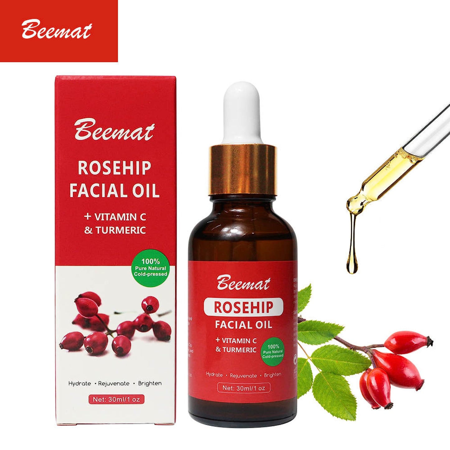 Beemat Rosehip Vitamin C Face Oil w/Turmeric 100% Natural Skin Care Facial Oil Cold Pressed Rosehip Oil for face For Brightening Hydrating & Rejuvenating 1oz/30ml