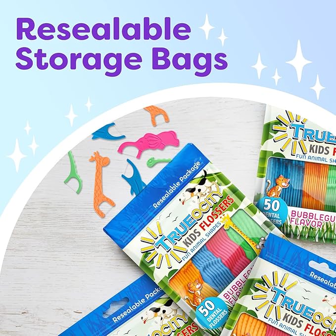 Kids Flossers 4 Pack (200 Count) – Fun Animal-Shaped Floss Picks for Kids, Bubble Gum Flavor, Easy Glide Between Teeth, Helps Prevent Tooth Decay & Gum Disease