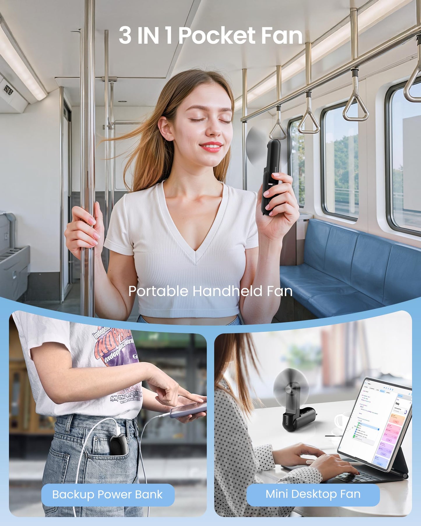 GAIATOP Portable Handheld Fan, 3 IN 1 Mini Foldable Travel Fans [17H Max Cooling Time] with Power Bank, Pocket Design USB Rechargeable for Travel Concert Lash Makeup, Summer Gifts for Women Girl Black