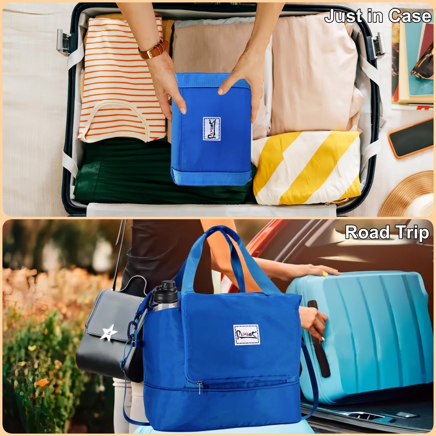 Foldable Travel Duffle Bag with Multiple Pockets, 40L Expandable Weekender Bag for Women, Overnight Carry On Gym Tote with Water Bottle Holder (Blue)