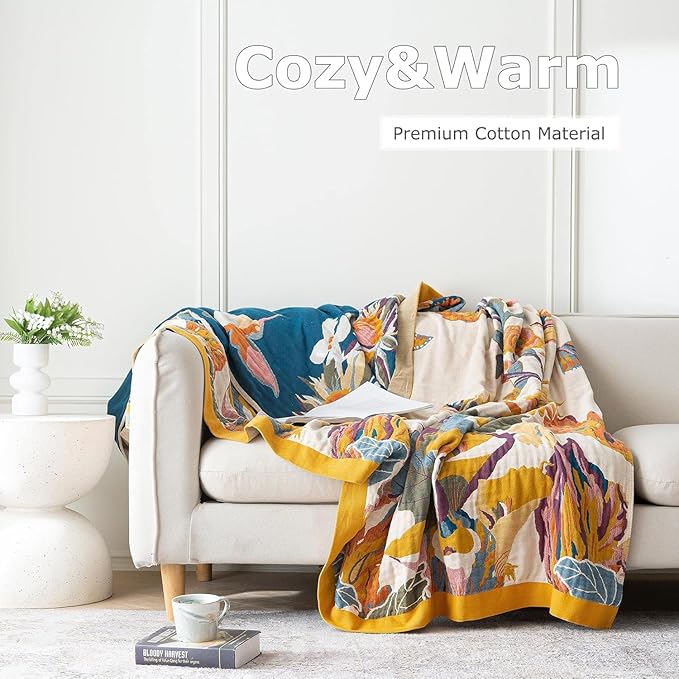 King Throw Blanket for Bed 100% Cotton Boho Ultra Soft Rustic Quilt Butterfly and Floral Double Embroidery Fall King Bed Blanket,90"×108" All Season Blankets for Bedding Couch