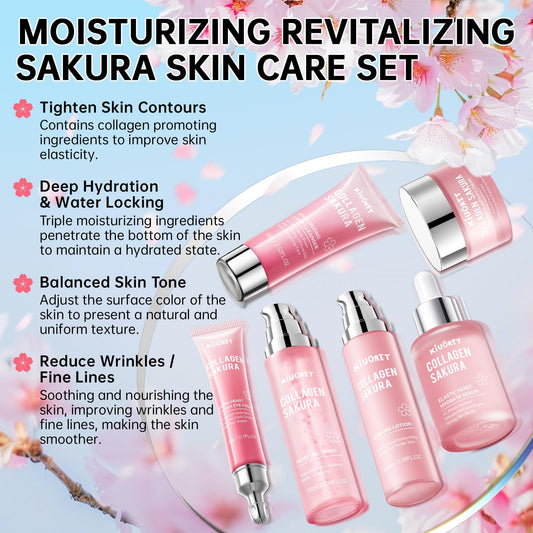Sakura Skin Care Set - 6 PCS Cherry Blossom Skin Care Kit with Cleanser, Toner, Serum, Lotion, Eye Cream & Face Cream - Moisturizes Skin & Boosts Collagen - Korean Skin Care Set for Teen Girls & Women