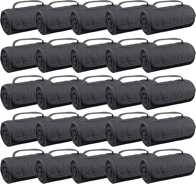 25 Ct of Roll-Up Blankets for Camping, Travel, Outdoors, Beach, Picnics – Charcoal – Hook + Loop Closure for Easy Use in Cars & on Airplanes – Customizable for Promotions & Events