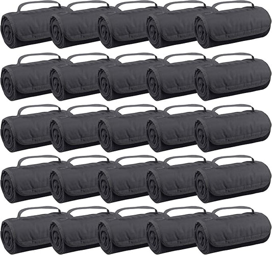 25 Ct of Roll-Up Blankets for Camping, Travel, Outdoors, Beach, Picnics – Charcoal – Hook + Loop Closure for Easy Use in Cars & on Airplanes – Customizable for Promotions & Events