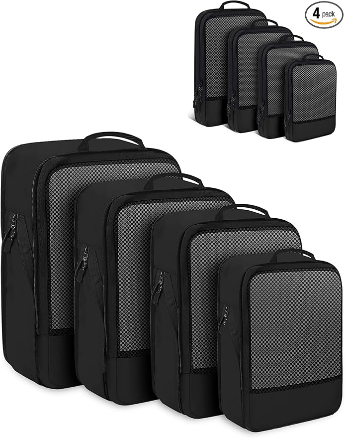 4 PCS Set Compression Packing Cubes for Travel, Lightweight Packaging Organizer Bags for Carry On Space Saving, Travel Essentials Cubes for Suitcase Backpack, Black