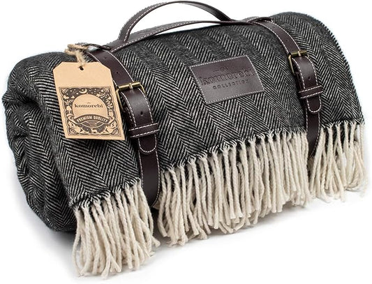 Komorebi Extra Large Picnic Blanket - 78” x 59” – Waterproof Outdoor Blanket, Foldable & Portable Sandproof Beach Blanket – Grey Travel Mat with Faux Wool & Carry Handle
