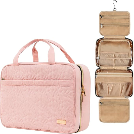 Carrywell |Not Made In China| Hanging Toiletry Travel Bag For Women, Makeup Organizer Case, Water-Resistant Cosmetic Bag For Full-size Containers, Toiletries (Pink, Medium)