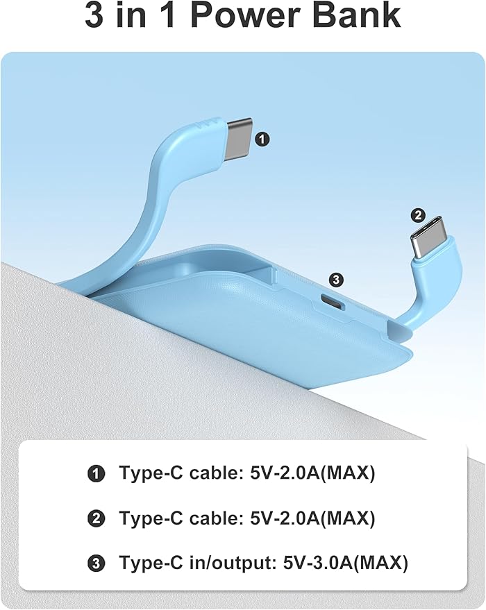 10000mAh Compatible with iPhone 15/16/17 (Only) Slim Portable Charger with Built in Cable, Power Bank Travel Charger External Battery Pack for Phone, 3 Output USB Type C Cord Clutch Charger, Blue