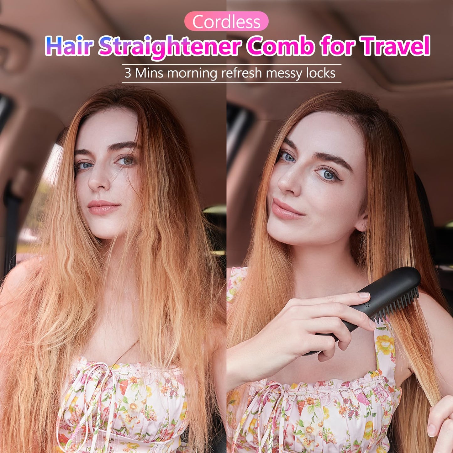 STUDLLY LCD Screen Cordless Hair Straightener Curler 2 in 1, Portable Mini Hair Straightening Brush for Travel Negative Ionic Fast Heating Hot Comb for Women, Folding Brush with Mirror, Black