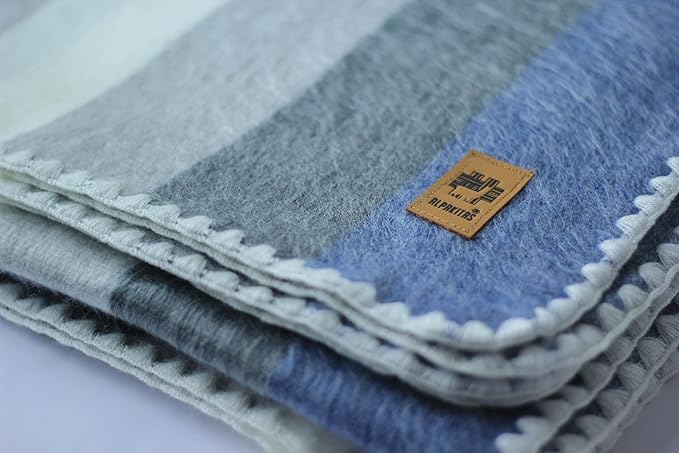 Alpaca Wool Blanket – Twin Size, 75 x 38 Inches – Warm & Lightweight – Couch, Bed, or Outdoor Blanket – Gray & Blue