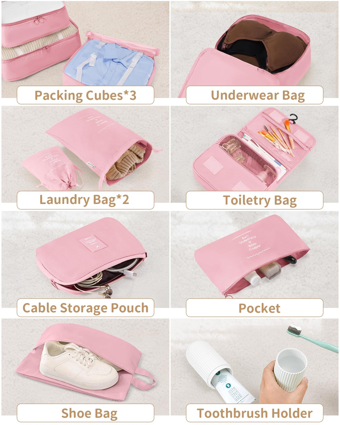 Packing Cubes 11 Set, Suitcase Organizers, Luggage Organizer Bags, Packing Cubes for Travel, with Toiletry Bag, Travel Essentials,Pink