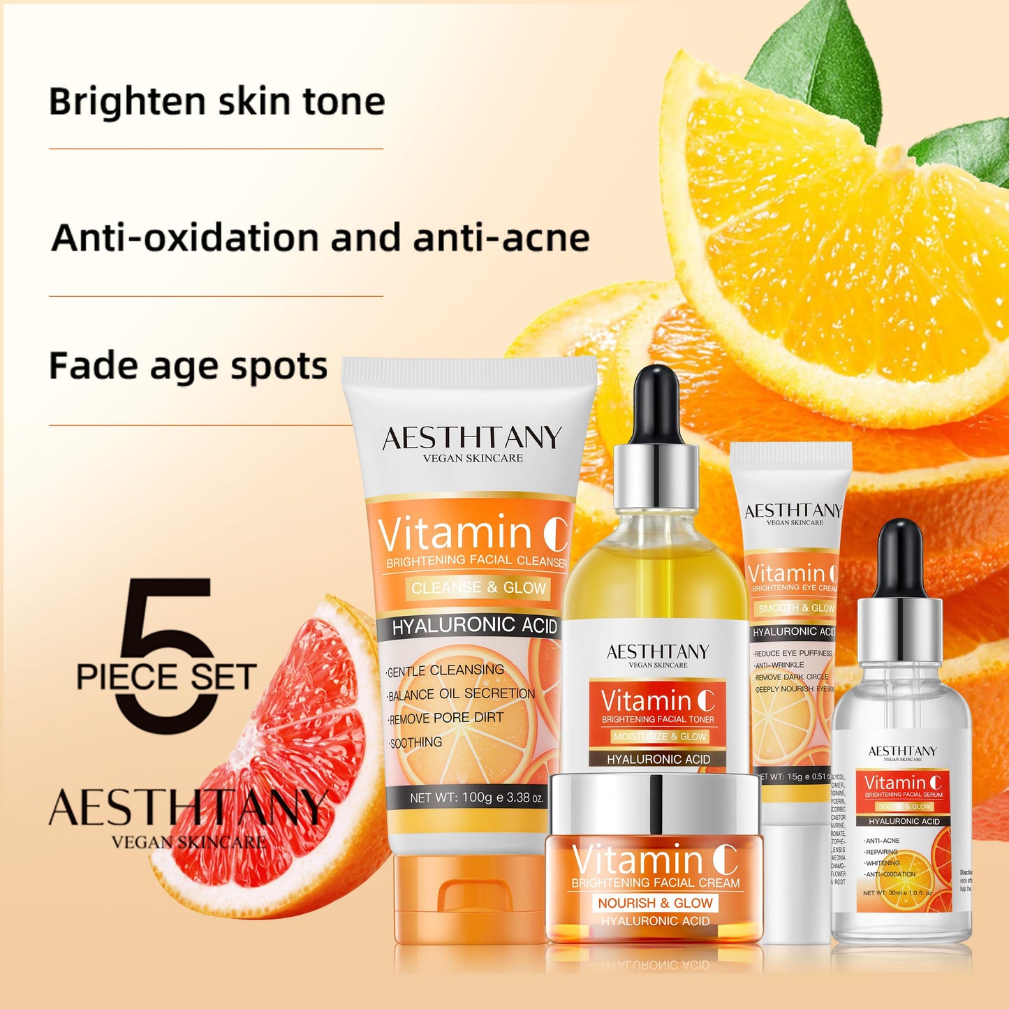 AESTHTANY Vitamin C Skin Care Set Moisturizing Hyaluronic Acid Skin Care Kit 5PCS For Women Beauty Set Gift Set