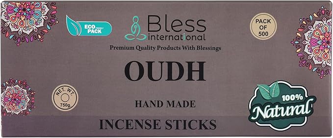 Bless-Oudh 100%-Natural-Handmade-Hand-Dipped-Incense-Sticks Organic-Chemicals-Charcoal-Free Purification-Relaxation-Positivity-Yoga-Meditation Best-Woods-Scent (500 Sticks(26 OZ))
