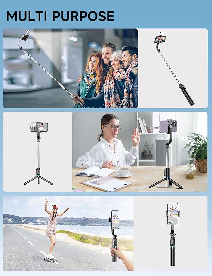 42" Selfie Stick Tripod with Fill Light Extendable Phone Stand All-in-1 Selfie Stick Travel Tripod with Detachable Remote & Phone Holder Cell Phone Tripod Compatible with iPhone/Android