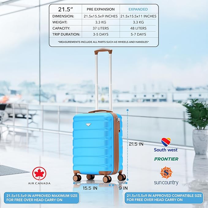 Carry On Suitcase Hardside TSA Lock & USB Port Silent Double Spinner Wheels Maximum Carry-On Bag For Canada Air Approved Airlines( 21.5x15.5x9" ,Turquoise/Tan )