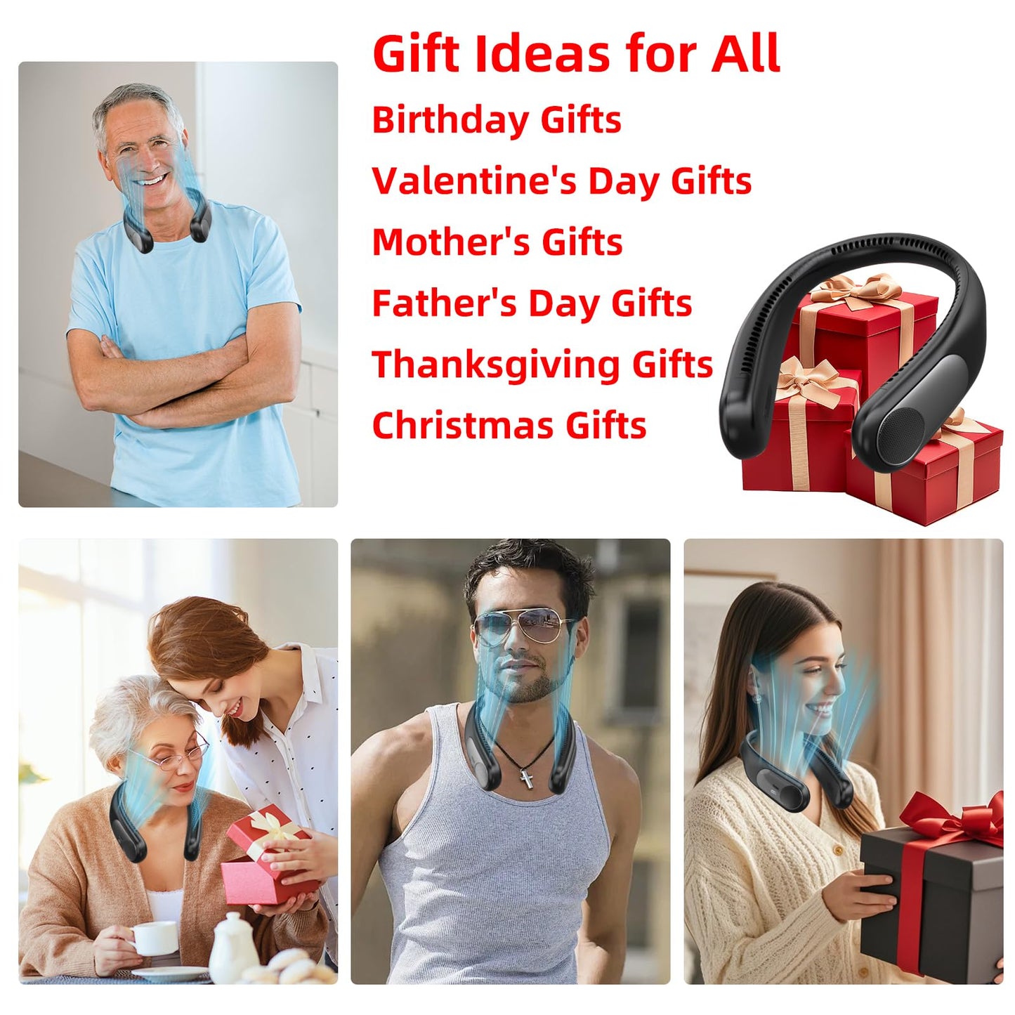 Namecute Portable Neck Fan,Personal Wearable Bladeless Fan,LED Display,4-Speeds,6000mAh USB Rechargeable,360° Strong Cooling Wind,Hands Free,Long Lasting,Birthday Gifts for Men Women Dad Mom (Black)