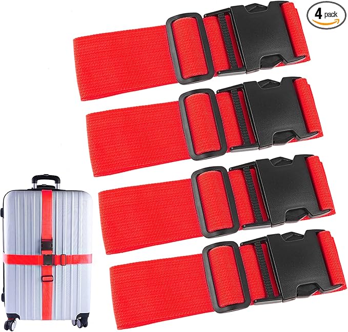 4Pcs Luggage Straps for Suitcase Travel Accessories TSA Approved, 80In Long Belts to Keep Your Suitcase Secure, Adjustable Bag Straps with Quick-Release Buckle for Travel Bag Closure, Red