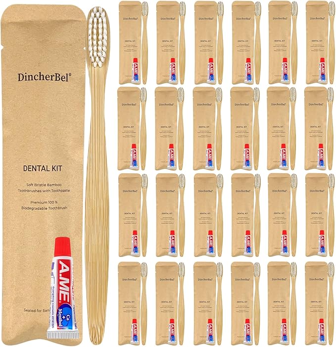 Bamboo Toothbrushes Kit Bulk, Disposable Toothbrushes with Toothpaste(6g), Individually Wrapped Toiletries Amenities for Hotel, Airbnb, Homeless, Shelter, Camping and Travel (50 Pack)