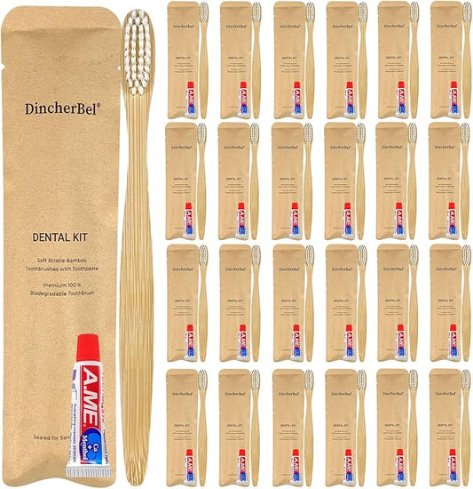 Bamboo Toothbrushes Kit Bulk, Disposable Toothbrushes with Toothpaste(6g), Individually Wrapped Toiletries Amenities for Hotel, Airbnb, Homeless, Shelter, Camping and Travel (50 Pack)